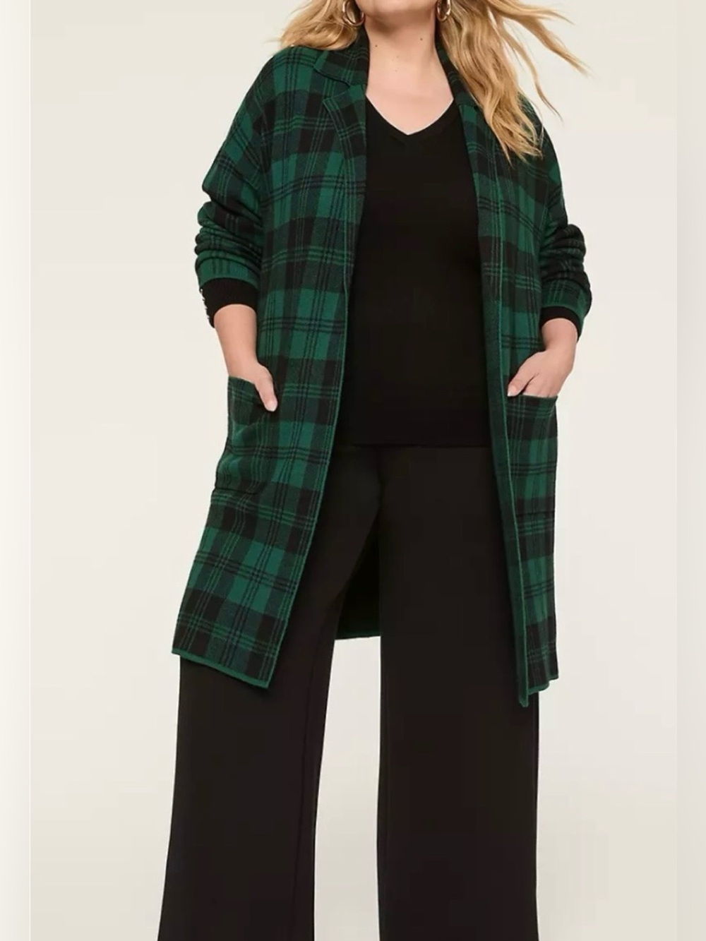 Lane Bryant Green & Black Plaid Longline Coatigan Cardigan Size 18/20
